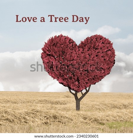 Digital composite image of love a tree day text over red tree in heart shape against sky. nature and environmental conservation concept.