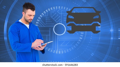 Digital composite image of mechanic using digital tablet against car mechanic interface in background - Powered by Shutterstock - Get 15% off with code: PIKWIZARD15