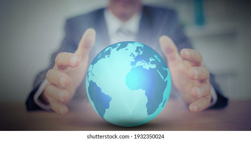 Digital composite image of mid section of businessman holding globe. global networking and business concept