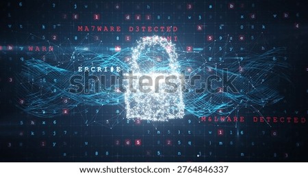 Digital composite image of padlock and malware detected against binary bckground