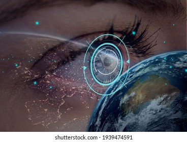 Digital composite image of round scanner and globe against close up of female human eye. cyber security and digital interface technology concept - Powered by Shutterstock - Get 15% off with code: PIKWIZARD15