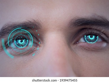 Digital composite image of round scanner against close up of male human eyes. cyber security and digital interface technology concept