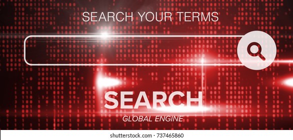 Digital composite image of search engine logo against blue technology interface with binary code