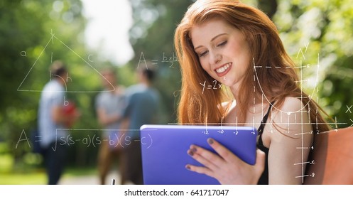 Digital Composite Of Digital Composite Image Of Various Math Equations With Female College Student Using Digital Tablet