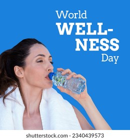 Digital composite image of wellness day text by caucasian woman drinking water from bottle. active lifestyle and healthy living concept. - Powered by Shutterstock