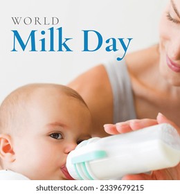 Digital composite image of world milk day text by caucasian mother feeding baby from milk bottle. healthy lifestyle and diary concept. - Powered by Shutterstock