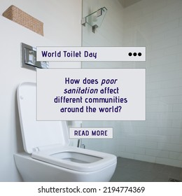 Digital composite image of world toilet day text with question by commode in bathroom, copy space. Raise awareness, safely managed sanitation, hygiene, public health, promote basic sanitation. - Powered by Shutterstock