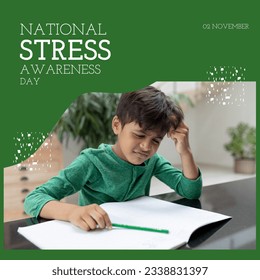 Digital composite image of worried indian boy studying with national stress awareness day text. Copy space, identify and reduce stress, raise awareness, support, stress management. - Powered by Shutterstock