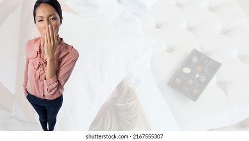 Digital Composite Image Of Young Asian Woman Yawning, Copy Space. Relaxation, Celebrate Your Inner Couch Potato, Lazy Bums, Slackers, National Lazy Day.