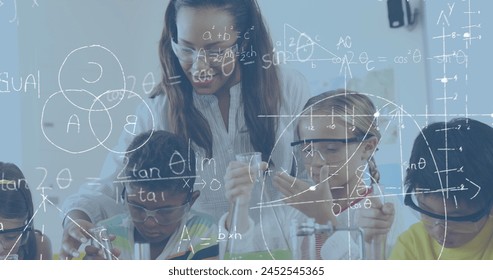 Digital composite of kids in chemistry class studying chemicals and equations and graphs in the foreground - Powered by Shutterstock