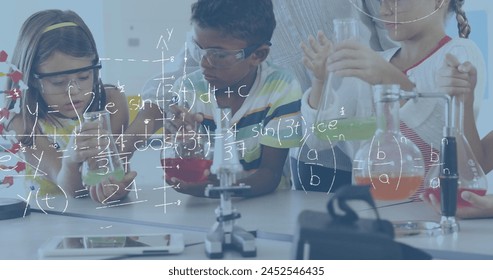 Digital composite of kids in chemistry class studying chemicals and equations and graphs in the foreground - Powered by Shutterstock