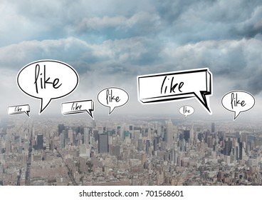 Digital composite of Like speech bubbles over city