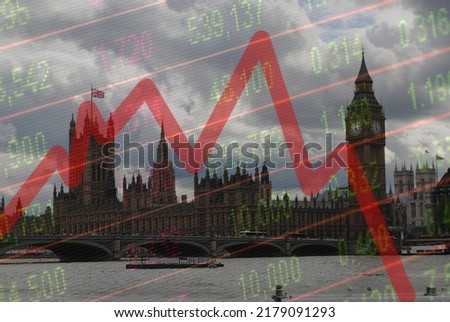 Digital composite of London Houses of Parliament and stock market crash ticker graph, indicating economic recession