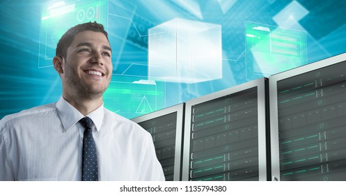 Digital composite of Man with computer servers and technology information interface