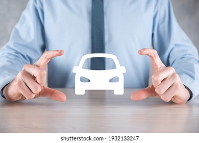 Digital Composite Of Man Holding Car Icon.Car Automobile Insurance And Car Services Concept. Businessman With Offering Gesture And Icon Of Car