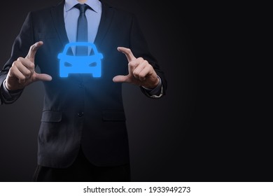 Digital Composite Of Man Holding Car Icon.Car Automobile Insurance And Car Services Concept. Businessman With Offering Gesture And Icon Of Car