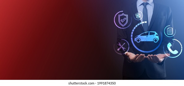 Digital Composite Of Man Holding Car Icon.Car Automobile Insurance And Car Services Concept. Businessman With Offering Gesture And Icon Of Car.