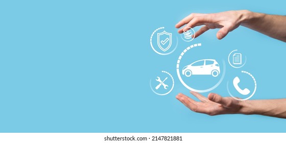 Digital Composite Of Man Holding Car Icon.Car Automobile Insurance And Car Services Concept. Businessman With Offering Gesture And Icon Of Car.