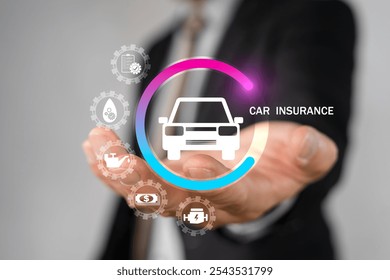 Digital composite of Man holding car icon.Car automobile insurance and car services concept. Businessman with offering gesture and icon of car, protection, insurance policy checklist, service. - Powered by Shutterstock