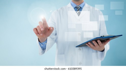 Digital Composite Of Man In Lab Coat With Clipboard And Square Interface Pointing With Flare Against Blue Background