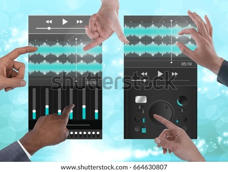 Digital composite of Many Hands Touching Collaborating Sound Music and Audio production engineering equalizer App Interfa