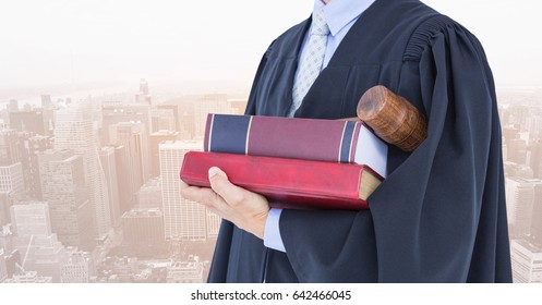 Digital composite of Midsection of judge with books and gavel against city - Powered by Shutterstock