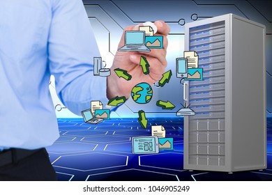 Digital composite of model drawing in server room