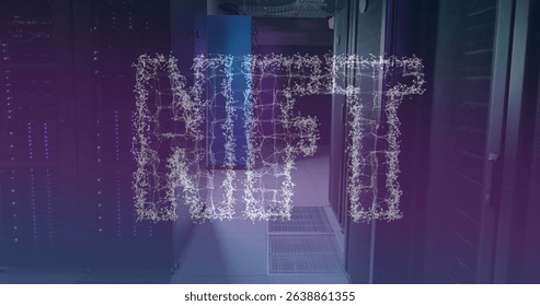 Digital composite of moving lines creating nft text against server room. image, investment, network security, data center, networking, technology and multiple exposure.
