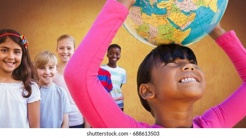 Digital Composite Of Multinational And Multicultural Children Holding World Globe With Gold Background