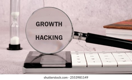 Digital composite, multiple exposure, coding, networking, technology and network server concept. GROWTH HACKING on the glass of the magnifying glass standing on the calculator.