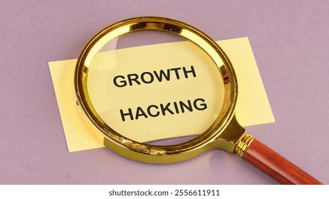Digital composite, multiple exposure, coding, networking, technology and network server concept. GROWTH HACKING on the yellow card, top view.