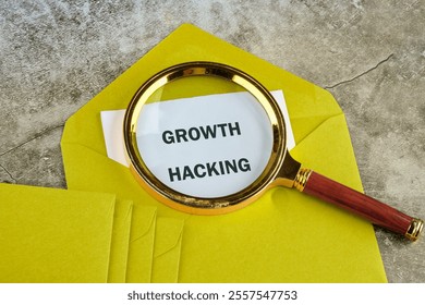 Digital composite, multiple exposure, coding, networking, technology and network server concept. GROWTH HACKING on paper sticking out of a mustard-colored postal envelope.
