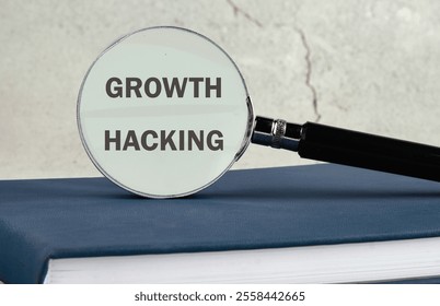 Digital composite, multiple exposure, coding, networking, technology and network server concept. GROWTH HACKING on the glass of a magnifying glass on a gray background. - Powered by Shutterstock - Get 15% off with code: PIKWIZARD15
