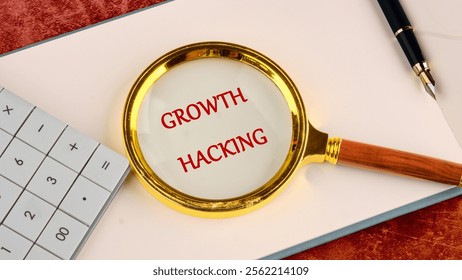 Digital composite, multiple exposure, coding, networking, technology and network server concept. GROWTH HACKING written in a business book, top view through a magnifying glass. - Powered by Shutterstock - Get 15% off with code: PIKWIZARD15