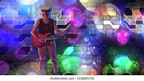 Digital Composite Of Musician Woman Playing Guitar With Geometric Party Lights Venue Atmosphere Wearing Virtual Reality H