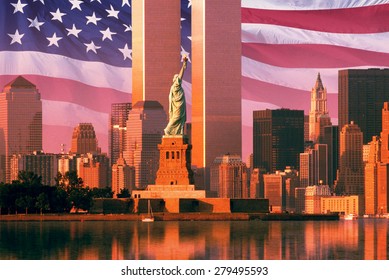 Digital composite: New York skyline, American flag, World Trade Center, Statue of Liberty