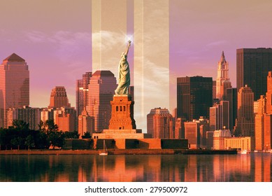 Digital composite: New York skyline, World Trade Center, Statue of Liberty