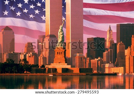 Digital composite: New York skyline, American flag, World Trade Center, Statue of Liberty