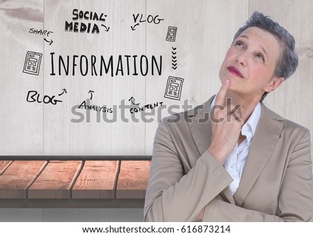 Digital composite of Older Businesswoman thinking and Information and social media text with drawings graphics