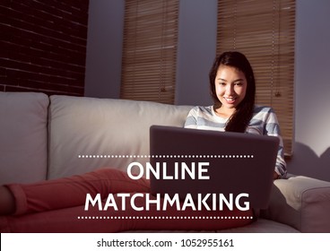 Digital Composite Of Online Matchmaking Text And Woman On Couch With Laptop