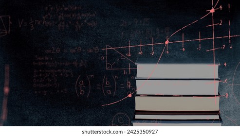 Digital composite of a pile of books against a grey and black textured background mathematical equations and graphs move in the foreground - Powered by Shutterstock