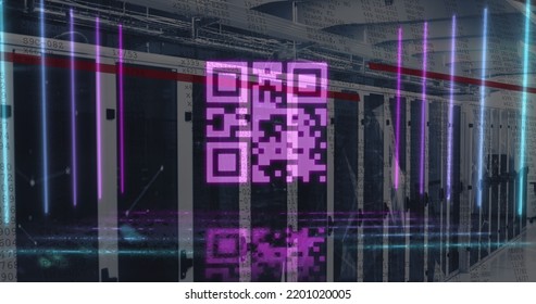 Digital composite of pink glowing qr code with multicolored lines against server room. image, multiple exposure, network security, data center, networking, technology.