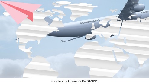 Digital Composite Of Pink Paper Plane With Map And Airplane Flying Against Blue Sky, Copy Pace. Art, Transportation, Guidance, Aviation, Patriotism, Celebration And Awareness Concept.