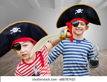 Digital composite of Pirate boys in room