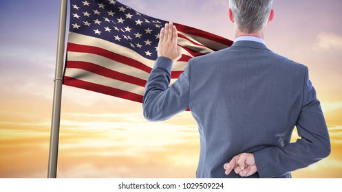 Digital composite of pledge allegiance to the flag with the fingers crossed