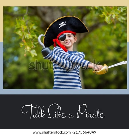 Digital composite portrait of cute caucasian boy playing pirate in park, talk like a pirate text. Copy space, holiday, romanticized view of golden age of piracy, talk exclusively in pirate lingo.