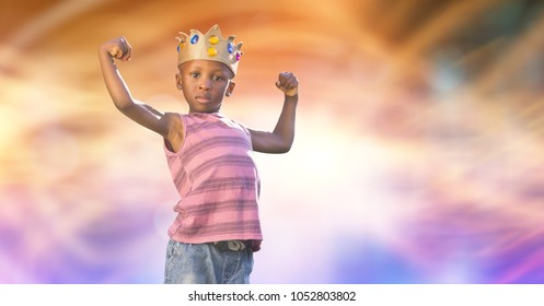 Digital Composite Of Portrait Of Kid Wearing Crown While Flexing Muscles