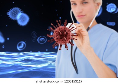 Digital composite of red virus and doctor using a stethoscope - Powered by Shutterstock