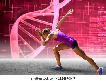 Digital composite of Runner with pink dna chain wall