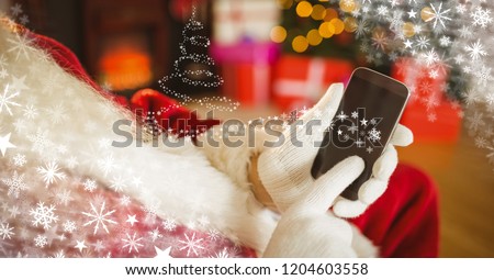 Digital composite of Santa using phone with snowflakes